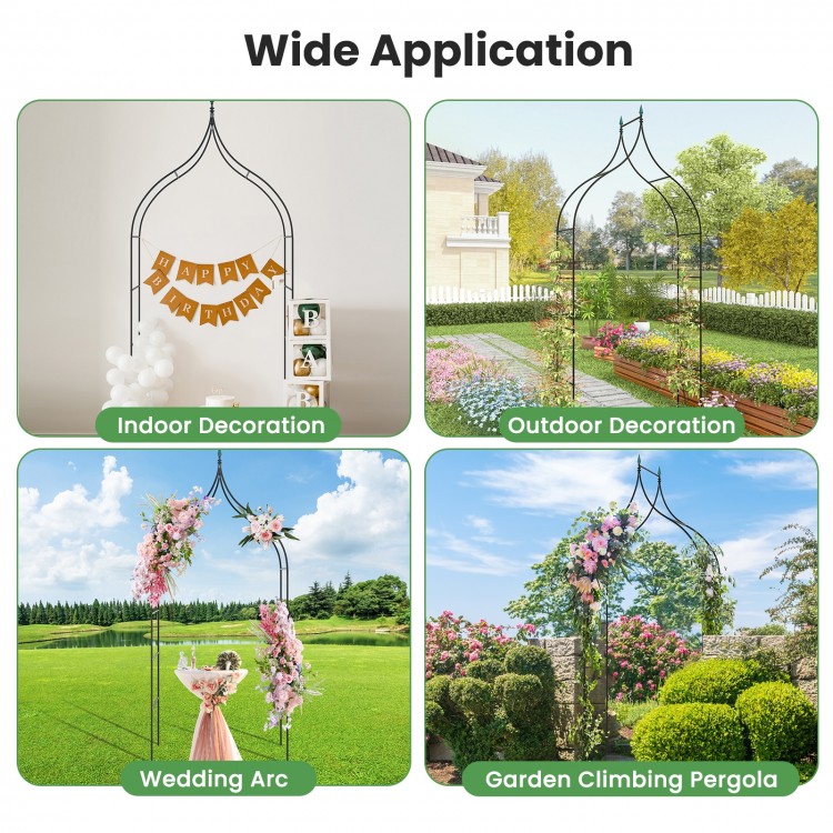 Decorative 9.5 feet metal garden arch with pointed arches, ideal for wedding ceremonies and outdoor party decorations.