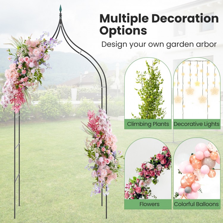 Decorative metal garden arch with intricate curves, suitable for weddings and parties, designed for climbing plants and.