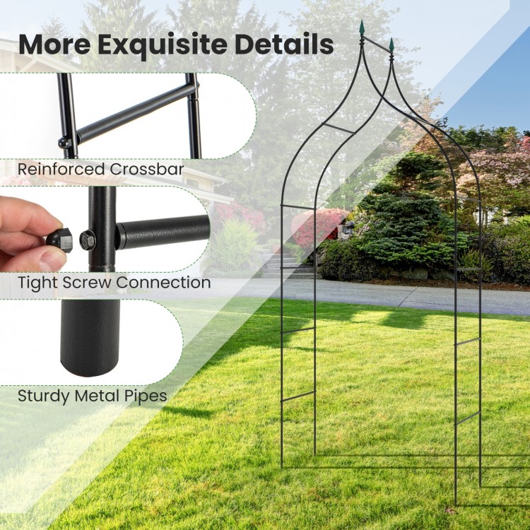 Detailed view of the 9.5 feet metal garden arch showcasing sturdy metal pipes and reinforced crossbar for outdoor.