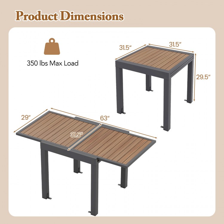 Extendable patio table dimensions showing 31.5-63 inches, accommodating 4-6 people, with a modern slatted top.