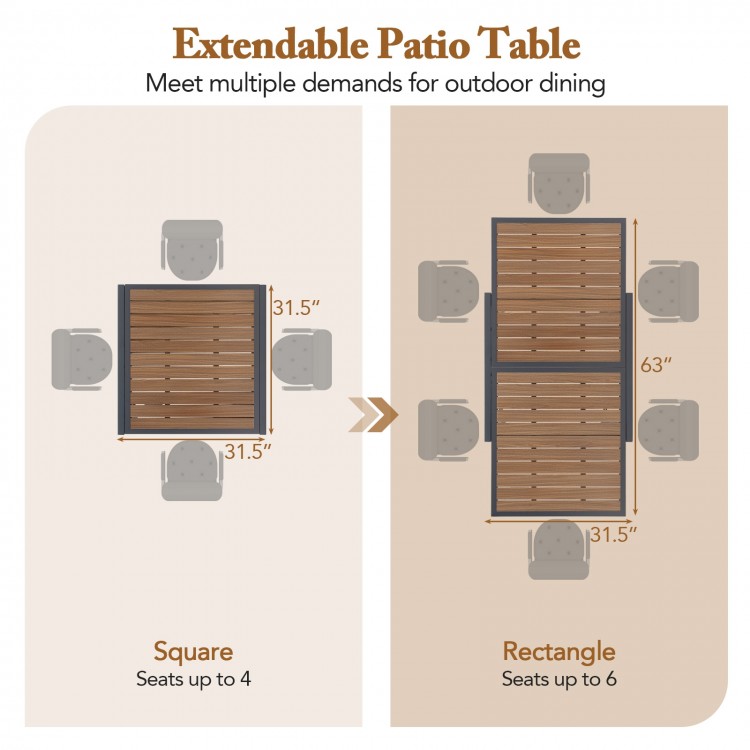 Extendable patio table shown in square and rectangle configurations, accommodating 4-6 people with a wood-like texture.