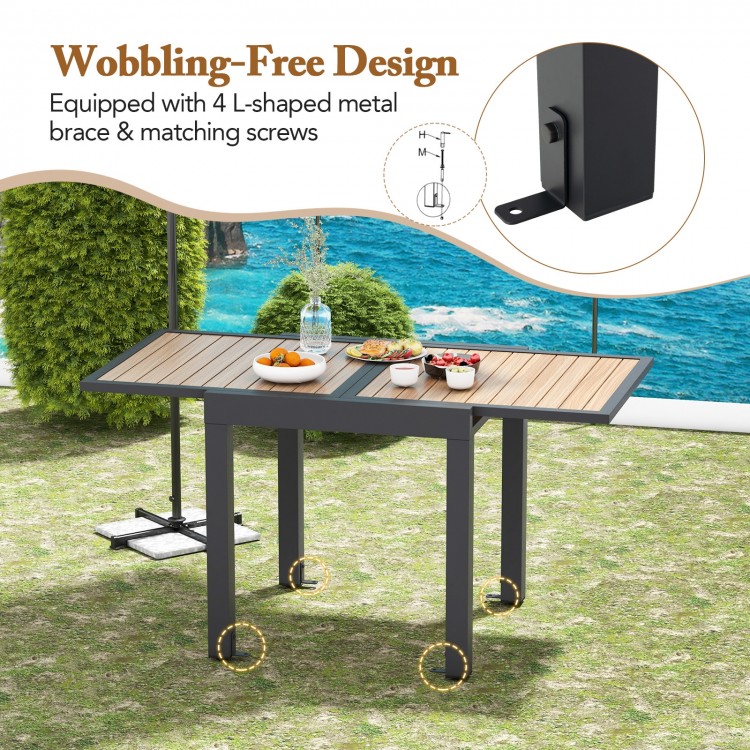 Extendable patio table with slatted wood-like top, 31.5-63 inches, for 4-6 people, featuring a wobble-free design.