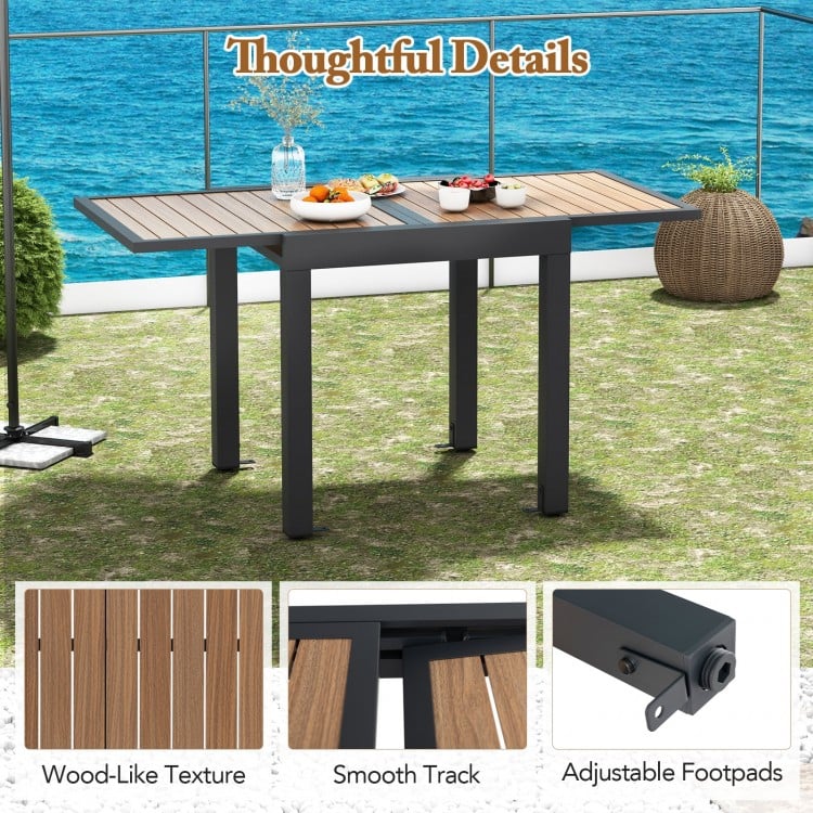 Extendable patio table with wood-like texture, adjustable footpads, and modern design for 4-6 people gatherings.