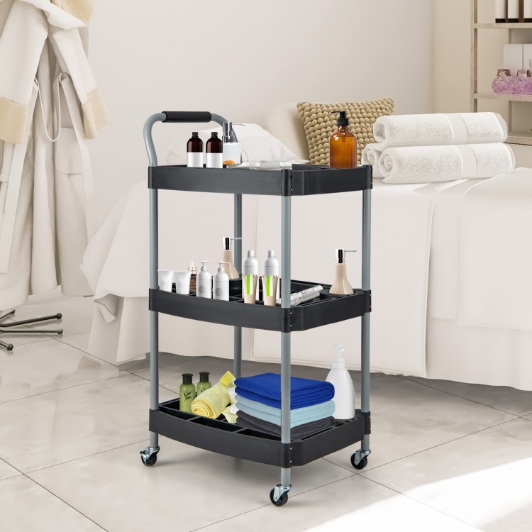 3-layer mobile rolling cart in black with sturdy metal pipes, ideal for organizing tools and beauty products in salons.