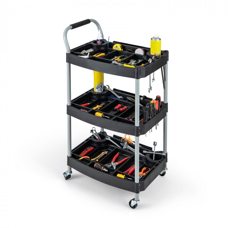 3-layer mobile rolling cart tool organizer with sturdy metal pipes and PP shelves, ideal for garage or salon use.