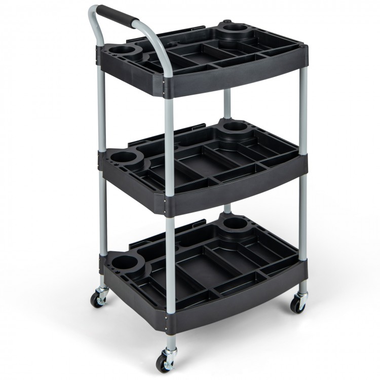 3-layer mobile rolling cart in black with sturdy metal pipes and PP shelves, ideal for tool organization and easy.