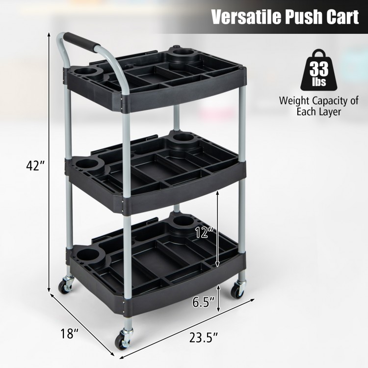 3-layer mobile rolling cart in black with sturdy metal pipes, ideal for tool organization in salons or garages.