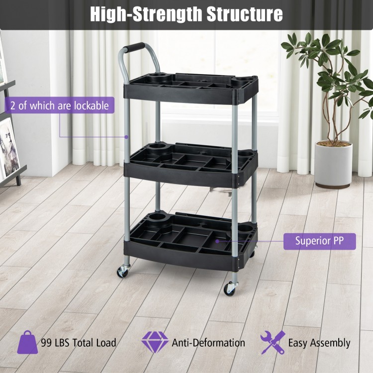 3-layer mobile rolling cart in black with sturdy PP shelves, lockable wheels, and easy assembly for efficient tool.