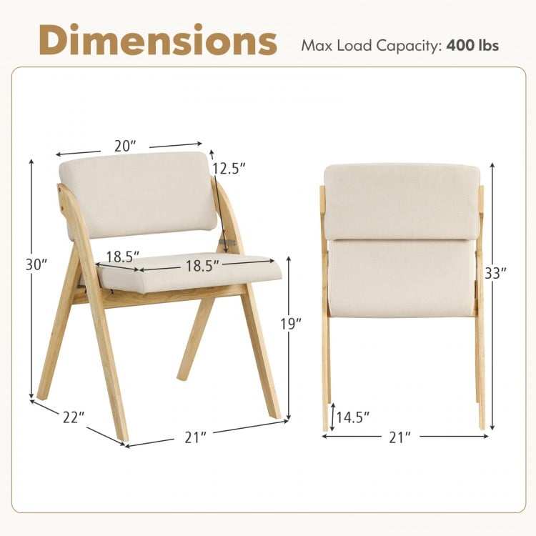 Dimensions of a set of 2 folding kitchen dining chairs with rubber wood legs, featuring a natural finish and padded.
