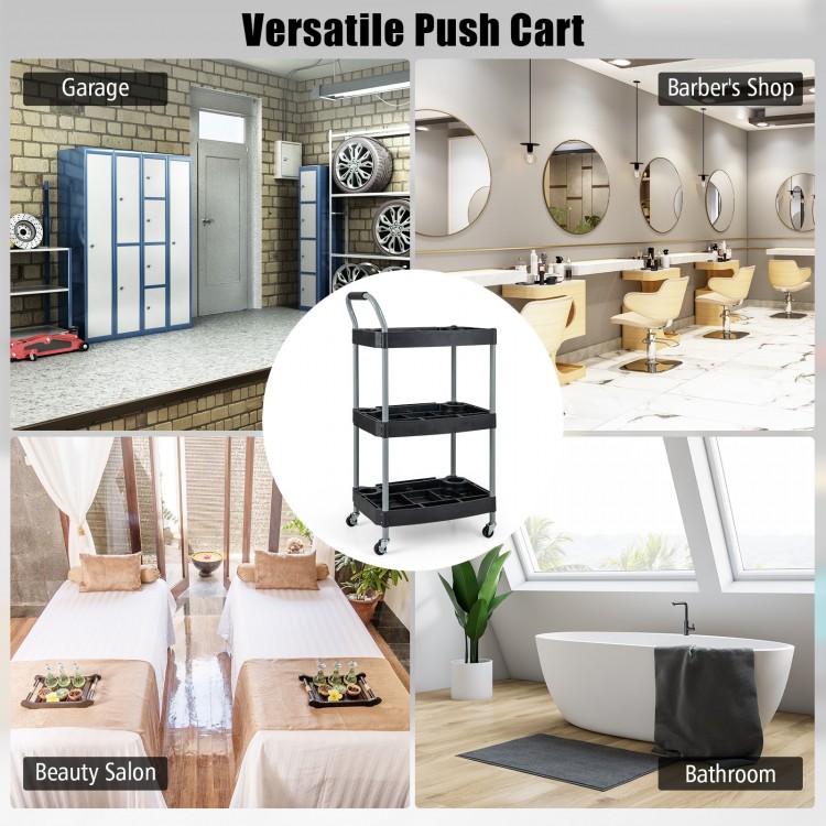3-layer mobile rolling cart in black with sturdy metal pipes, ideal for organized storage in beauty salons or garages.