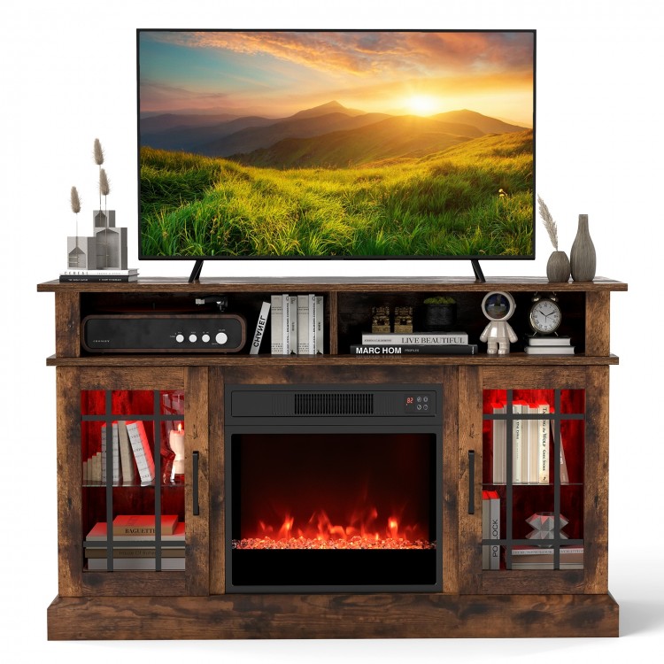 Rustic brown TV stand with electric fireplace, RGB LED lights, and remote control for TVs up to 40 inches, ideal for.