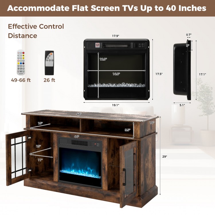 TV stand with electric fireplace in rustic brown, featuring RGB LED lights, remote control, and storage for TVs up to.