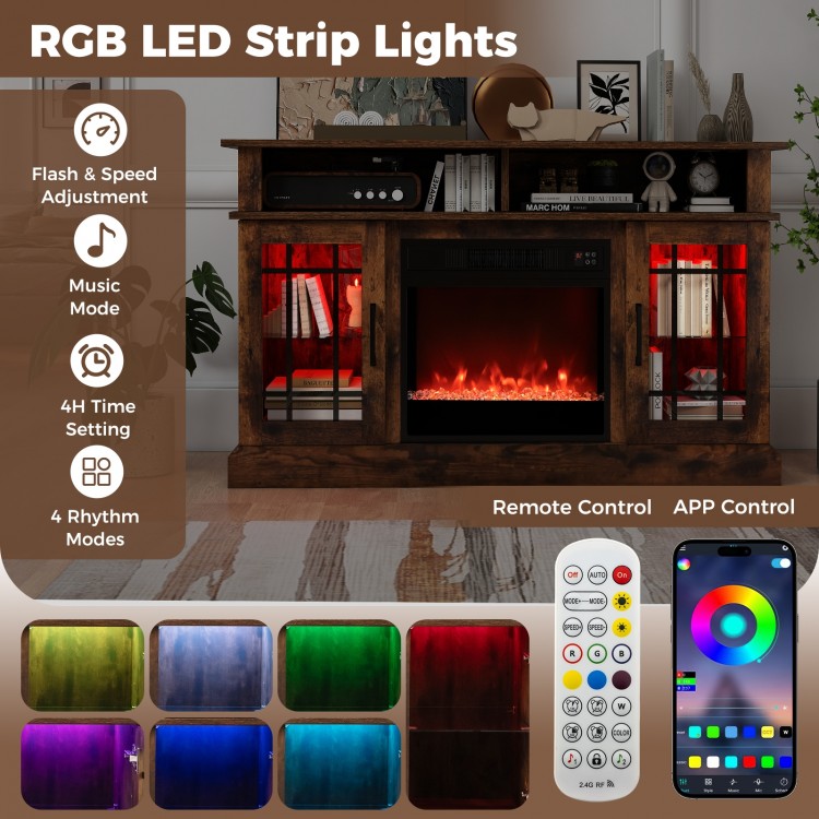 Rustic brown TV stand with electric fireplace and RGB LED strip lights, remote control, for TVs up to 40 inches.