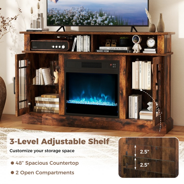 TV stand with electric fireplace in rustic brown, featuring adjustable shelves, LED lights, and space for TVs up to 40.