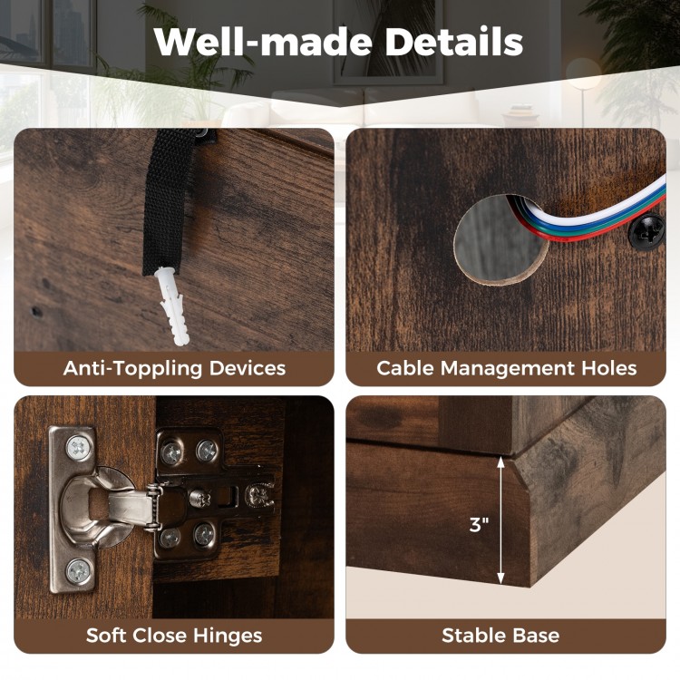 Close-up of the TV stand's soft close hinges and cable management holes, featuring a stable base and anti-toppling.
