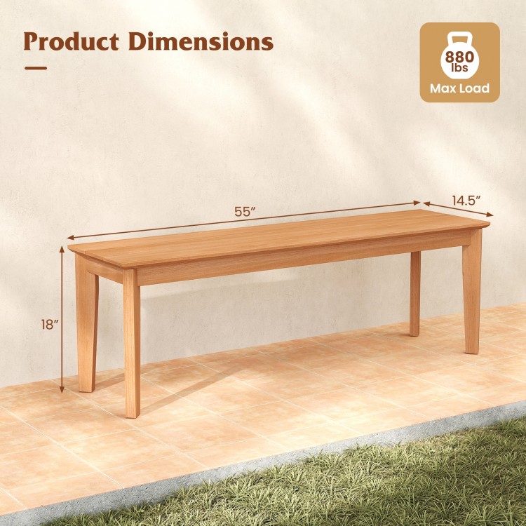 Teak wood outdoor bench measuring 55 inches, with a weight capacity of 880 lbs, ideal for patio and garden use.