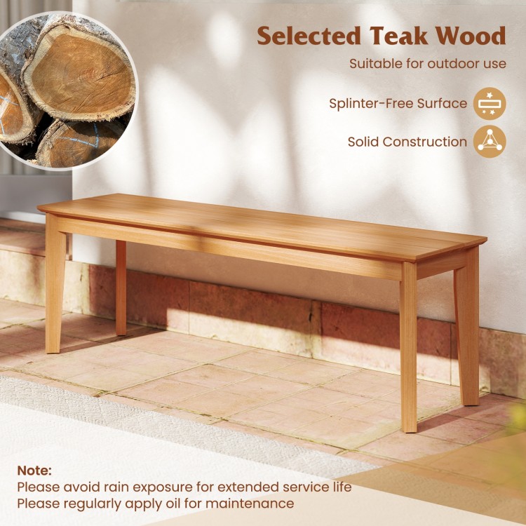 Teak wood bench with splinter-free surface, 55 inches long, sturdy construction for outdoor use, supports 880 lbs.