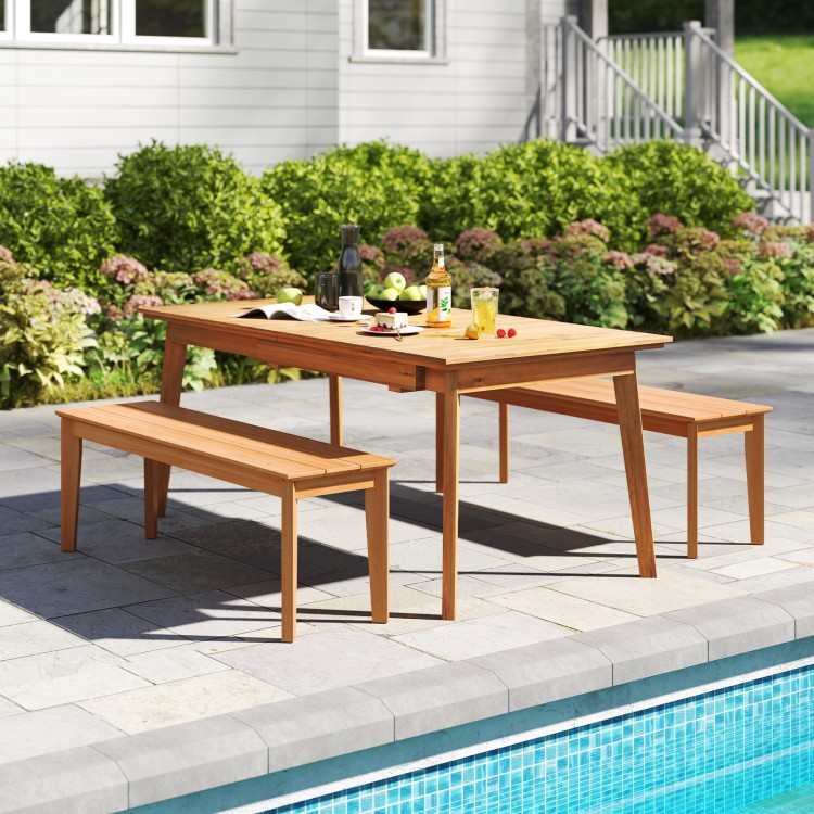 Teak wood outdoor bench with a solid construction, 880 lbs capacity, perfect for patio or garden seating.