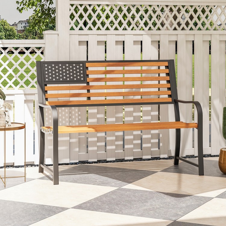 Outdoor garden bench with flag pattern backrest and rustic wood grain finish, perfect for enhancing outdoor spaces.