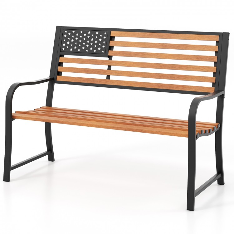 50-inch outdoor garden bench with flag pattern backrest, rustic wood grain finish, and sturdy metal frame for outdoor.