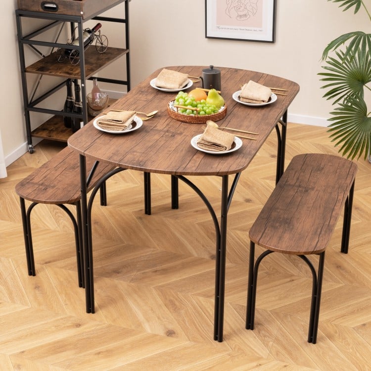 3-piece dining table set featuring a brown MDF tabletop and black metal frame, perfect for small spaces and family.