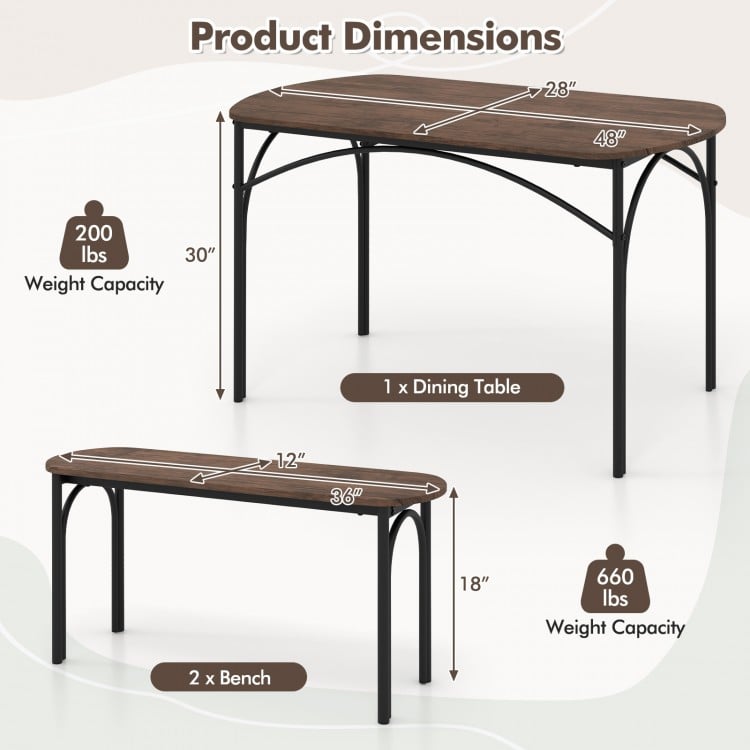 3-piece dining table set featuring a brown MDF tabletop and sturdy black metal frame, ideal for small spaces.