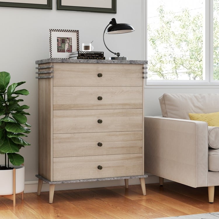 Tall farmhouse chest dresser in grey with five drawers and a sturdy top, perfect for stylish storage in any room.