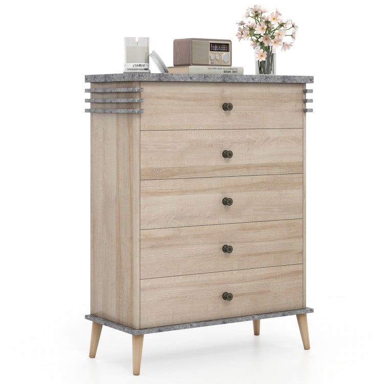 Tall farmhouse chest dresser in grey with five drawers, solid rubber wood legs, and a stylish accent for organized.