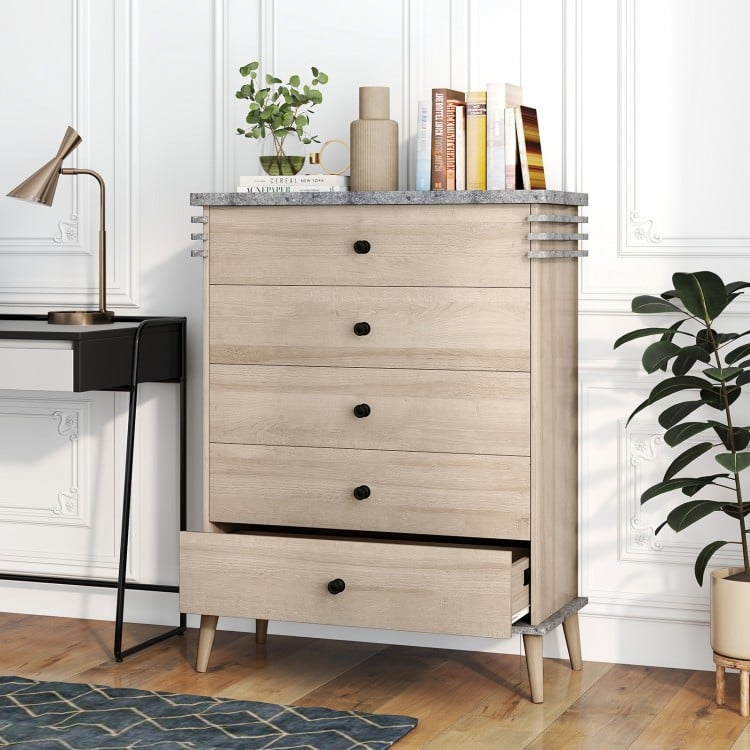 Tall farmhouse chest dresser in grey with five drawers, solid rubber wood legs, and a stylish design for versatile.