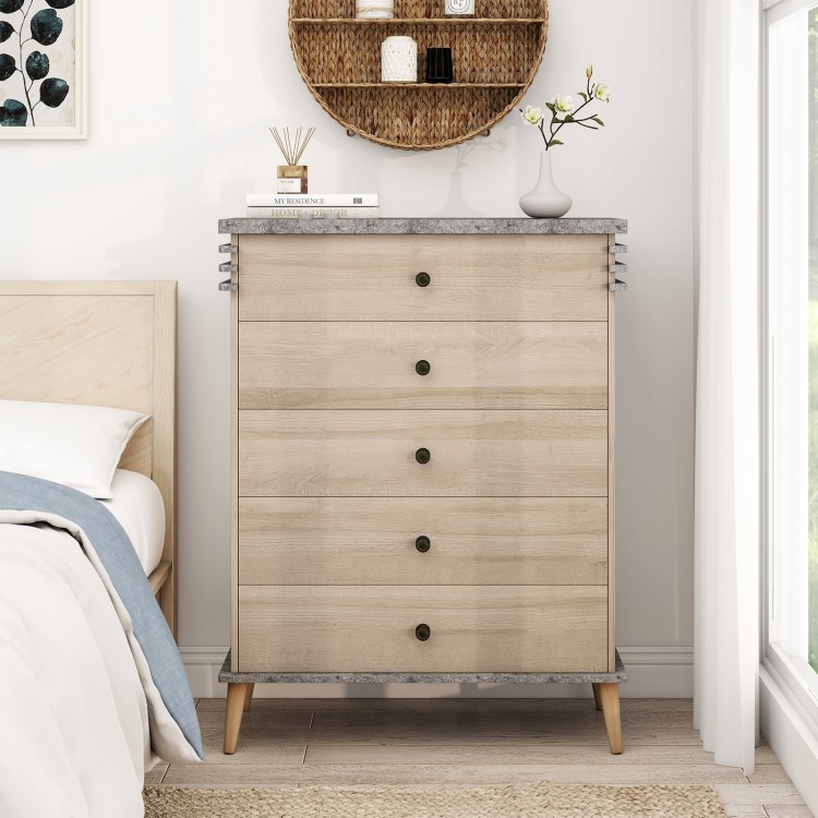 Tall farmhouse chest dresser in grey with five drawers and solid rubber wood legs for stylish storage in any room.