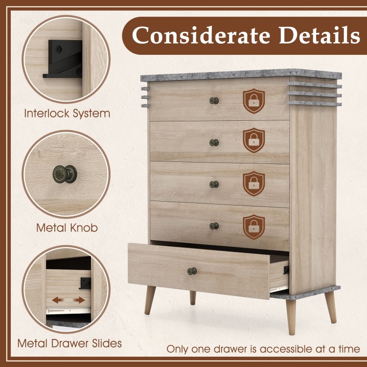 Tall farmhouse chest dresser in grey with 5 drawers, metal knobs, and interlock system for added stability and safety.