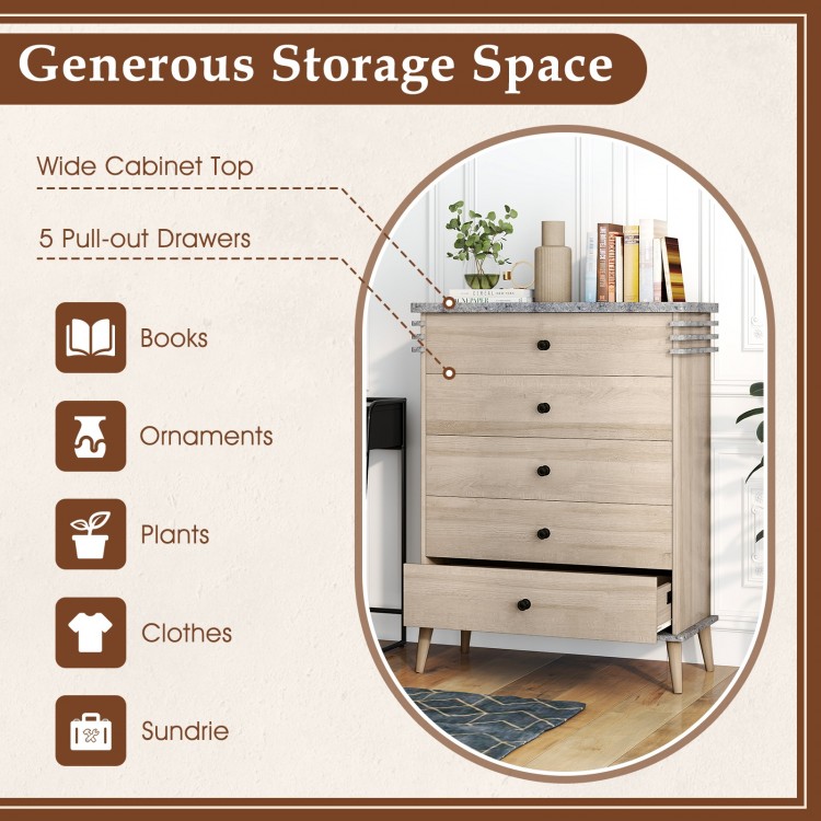 Tall farmhouse chest dresser in grey with 5 pull-out drawers and wide cabinet top for versatile storage solutions.