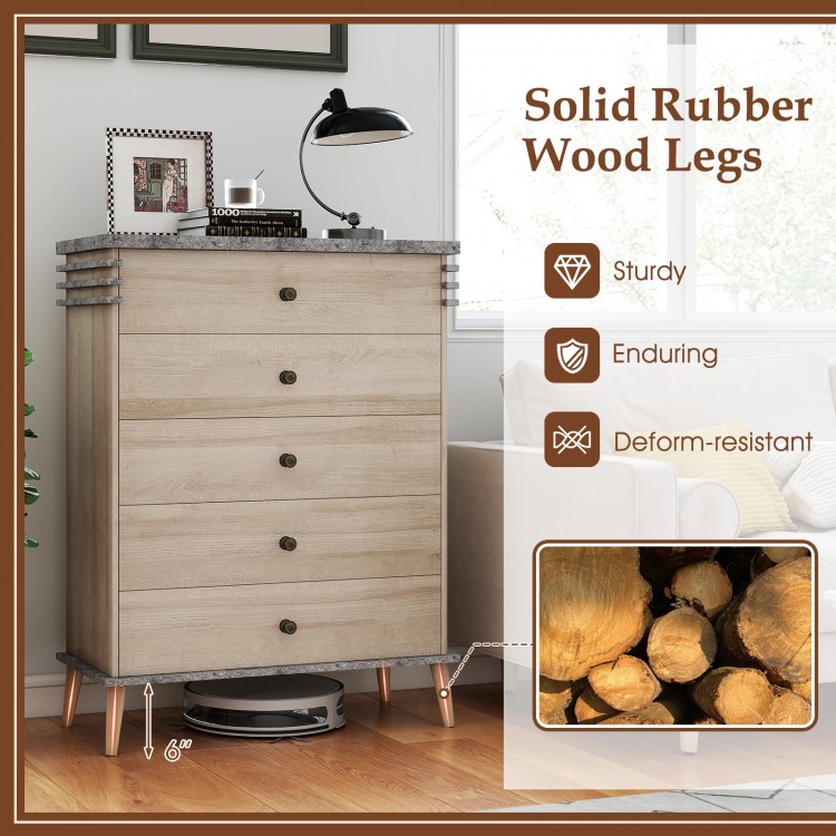 Tall farmhouse chest dresser in grey with solid rubber wood legs and five pull-out drawers for versatile storage.