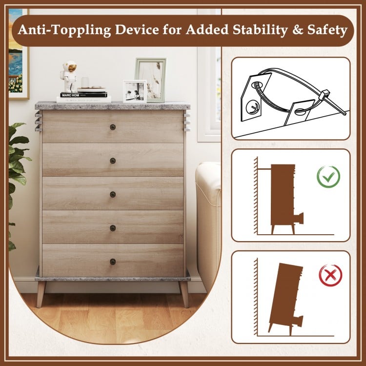 Farmhouse chest dresser in grey with five drawers and anti-toppling device for added stability and safety.