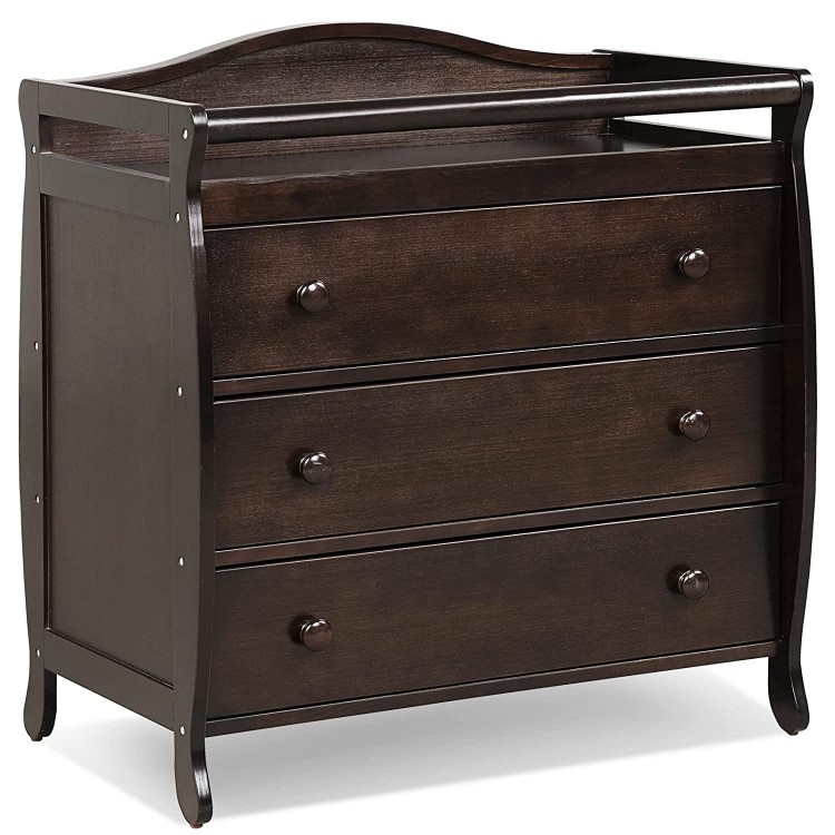 Brown baby changing table with three large drawers, safety belt, and sturdy legs for diaper changing and storage.