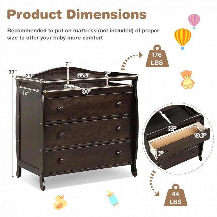 Baby changing table in brown with three drawers and safety belt, designed for diaper changing and storage convenience.