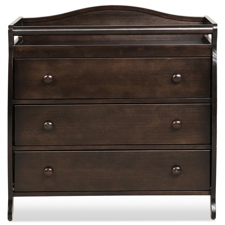 Brown baby changing table with three drawers, safety belt, and wide changing top for convenient diaper changes.