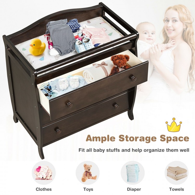 Baby changing table in brown with three drawers, safety belt, and ample storage for diapers and baby products.