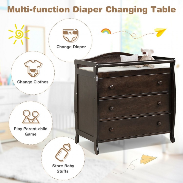 Brown baby changing table with three drawers, safety belt, and spacious top for diaper and clothes changing.