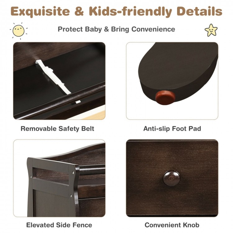 Brown baby changing table with three drawers, removable safety belt, and anti-slip foot pads for added stability.