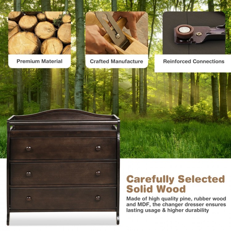 Brown baby changing table with three drawers, crafted from solid wood for durability and convenience in nursery care.