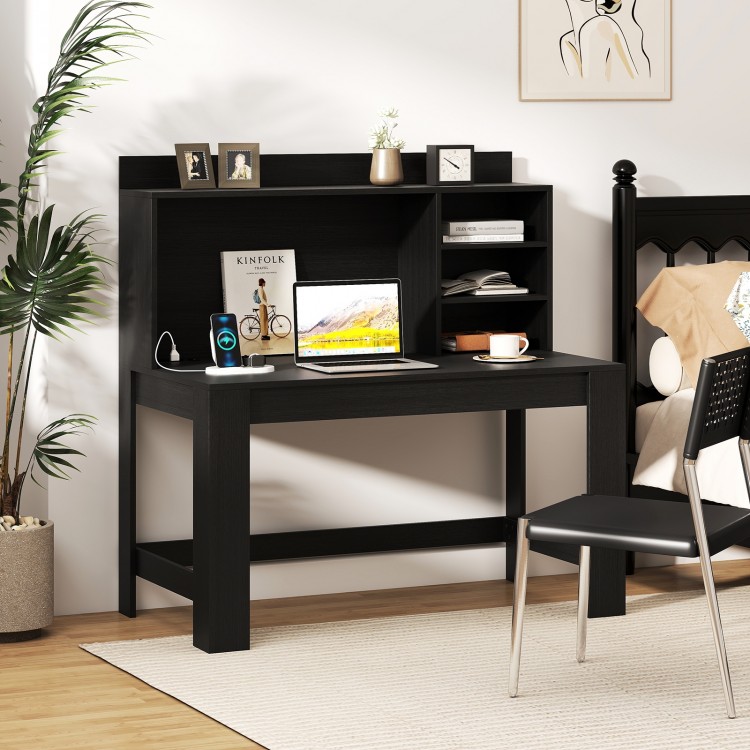 Modern black computer desk with hutch and storage shelves, featuring a built-in charging station for organized.