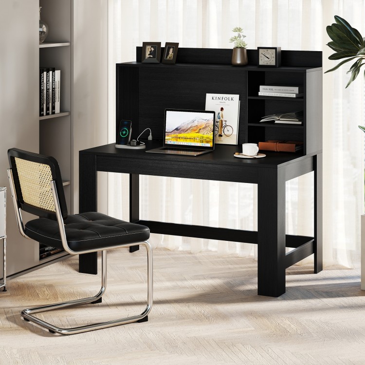 Modern black computer desk with hutch, three storage shelves, and built-in charging station for efficient workspace.