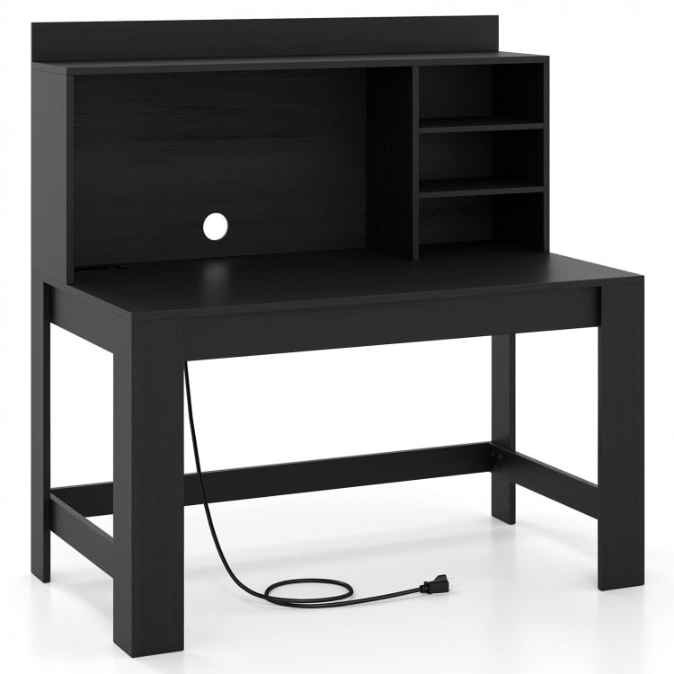 Modern black computer desk with hutch, 3 storage shelves, and built-in charging station for organized workspace.