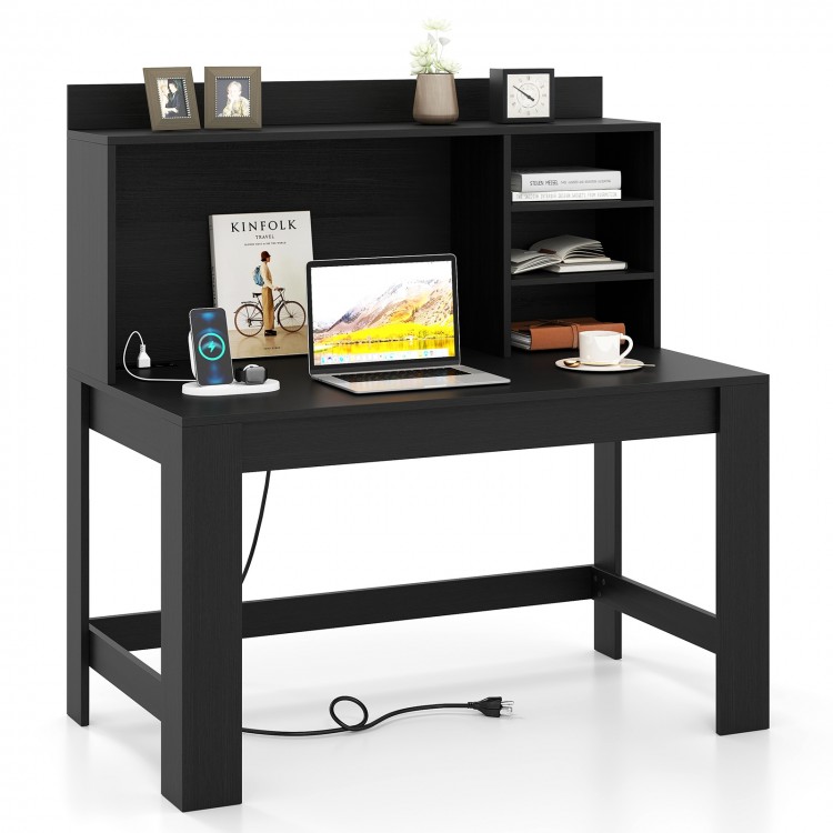 Modern black computer desk with hutch, featuring storage shelves, built-in charging station, and ample workspace.