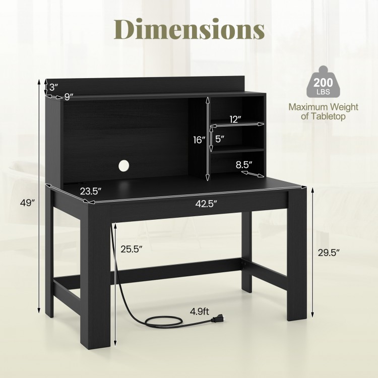 Modern black computer desk with hutch, featuring 3 storage shelves and built-in charging station for efficient.