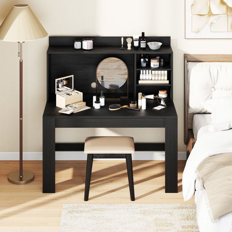 Modern black computer desk with hutch and storage shelves, featuring a spacious desktop and built-in charging station.