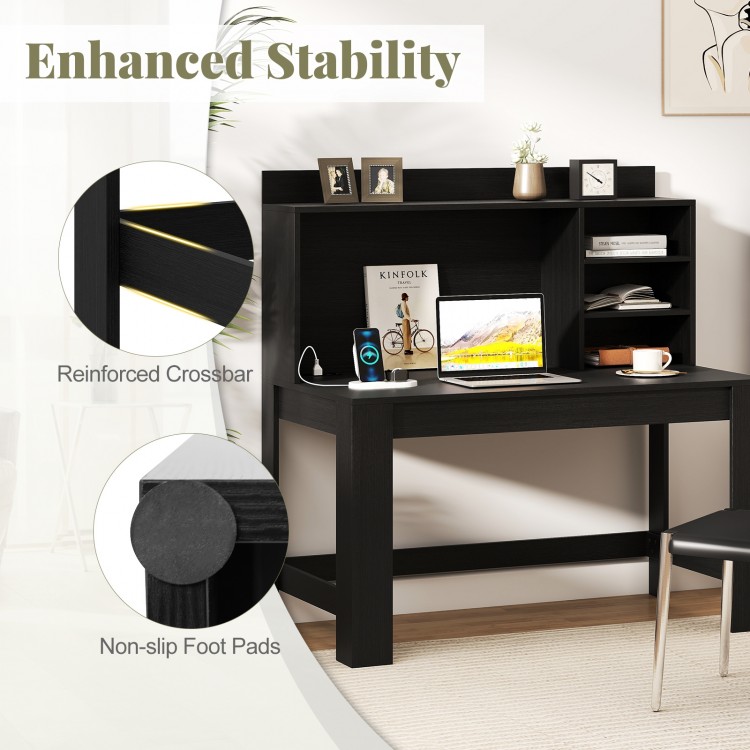 Modern black computer desk with hutch, featuring reinforced crossbar and non-slip foot pads for stability and.