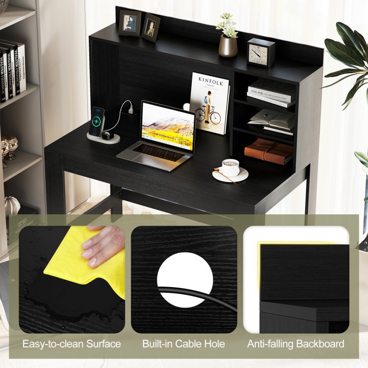 Modern black computer desk with hutch, featuring a built-in cable hole and easy-to-clean surface for efficient.