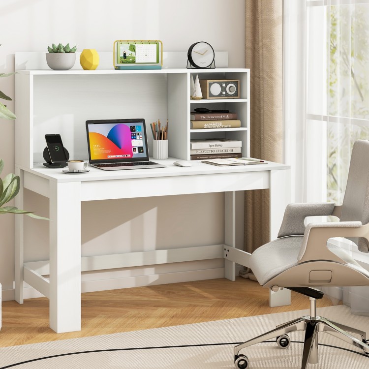 Modern white computer desk with hutch and storage shelves, featuring a built-in charging station for organized.